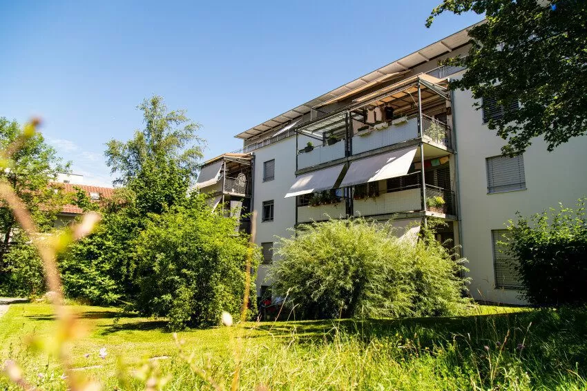 Balkons der Mehrfamilienhäuser in der FGZ-Siedlung Unterer Schweighof 1 (Etappe 11), davor Rasen, Büsche und ein Baum