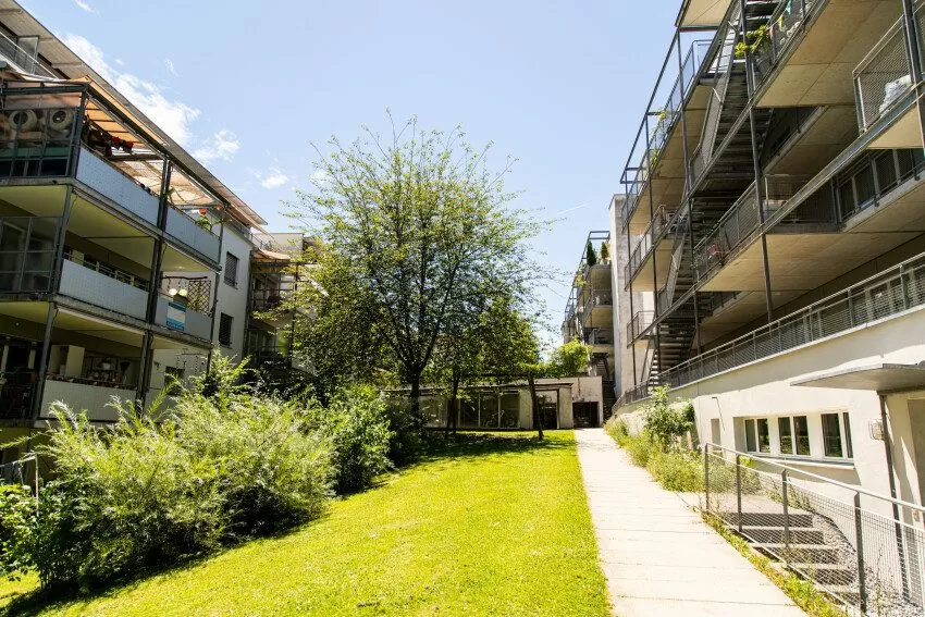 Gartenbereich zwischen 2 Mehrfamilienhäuser in der FGZ-Siedlung Unterer Schweighof 1 (Etappe 11), sichtbar sind Rasen, Büschen und ein Baum - daneben ein Weg