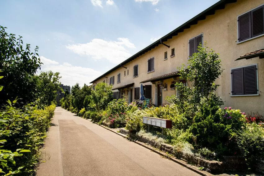 Reihen-Einfamilienhäuser mit der Strasse davor in der FGZ-Siedlung Rossweidli, Langweig, Oberer Kleinalbis (Etappe 12)
