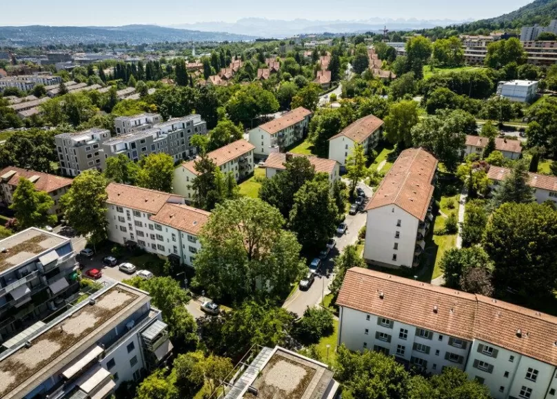 Luftaufnahme der FGZ-Siedlung Schweigmatt (Etappe 15). Sichtbar sind divverse Mehrfamilienhäuser und der grüne Aussenraum