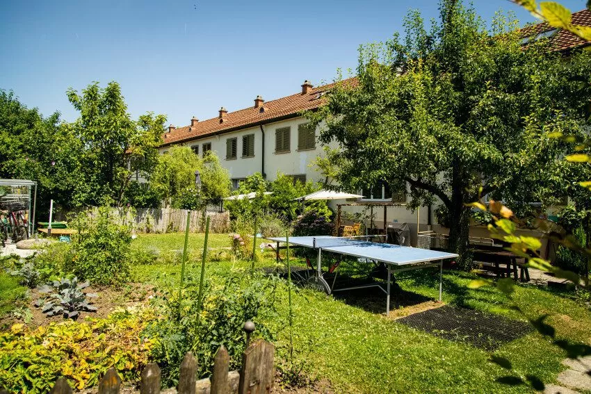 Gartenbereich mit Gemüsebeeten und Tischtennis-Tisch, dahinter die Reihen-Einfamilienhäuser der FGZ-Siedlung Schweighofstrasse Süd (Etappe 9)